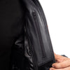 METROPOLIS BIKER LEATHER JACKET WITH ORANGE STRIPES, ce protected, protectors, cowhide leather,close-up photo