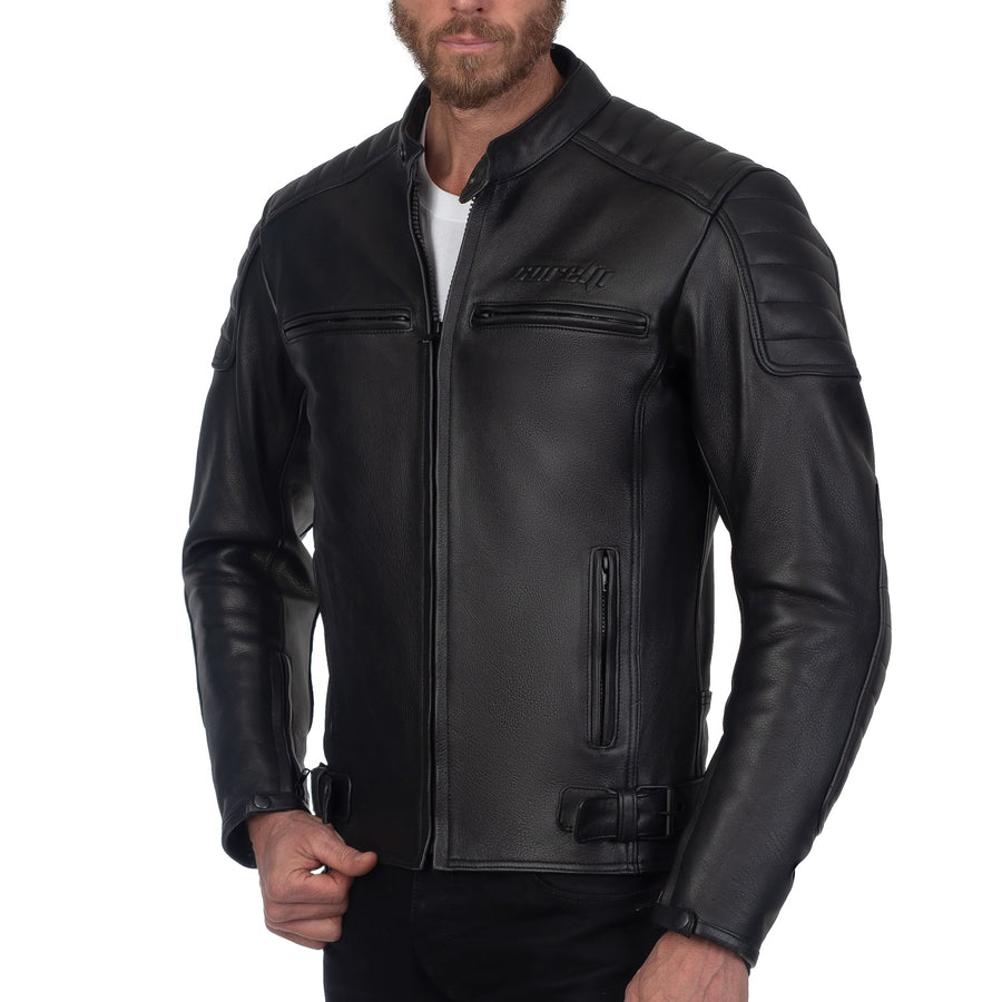 CHALLENGER BLACK MOTORCYCLE LEATHER JACKET, ce protectors, protected, cowhide leather, biker jacket, inner lining, pockets, side photo