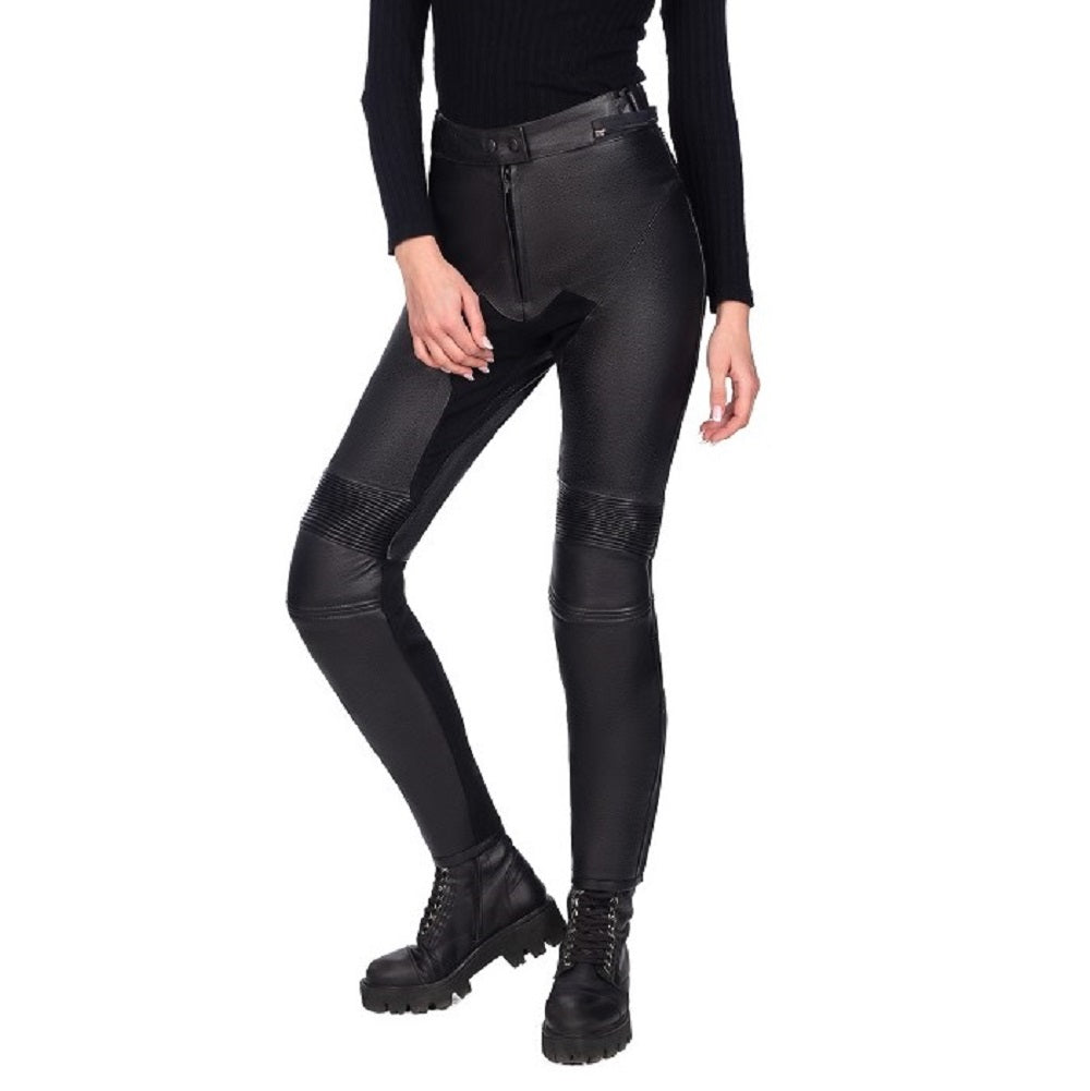 Corelli MG eclipse black women motorcycle leather pants, genuine cowhide leather, removable ce protectors, kevlar, cordura, YKK zippers, pockets, front photo