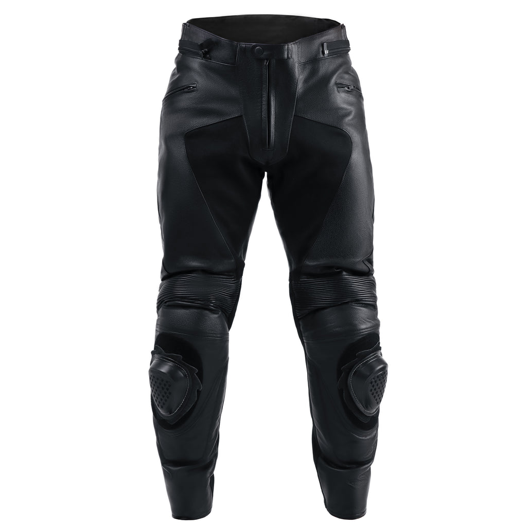 Corelli MG Storm black motorcycle racing leather pants, removable CE protectors, removable inner lining, genuine cowhide leather, YKK zippers, pockets, front photo