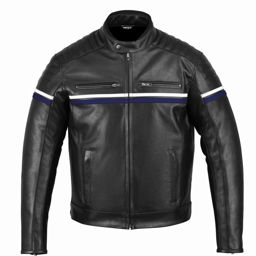 Metropolis Blue Black Motorcycle Leather Jacket, genuine cowhide leather, YKK zippers, removable CE protectors, removable inner lining, front photo