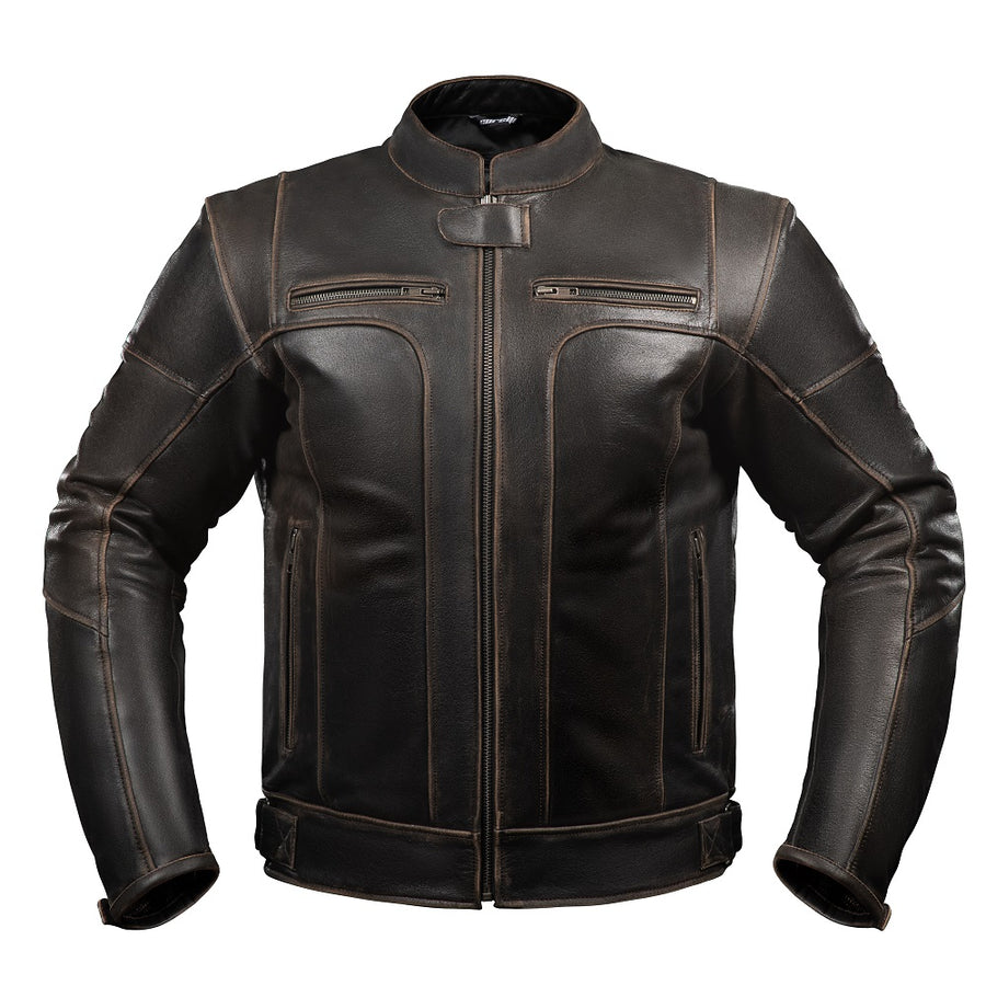 Corelli MG adventure brown retro motorcycle leather jacket, genuine buffalo leather, removable CE protectors, removable inner lining, front photo