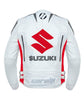 SUZUKI white and RED MOTORCYCLE RACING LEATHER JACKET, cowhide leather, genuine leather, removable CE protectors, removable inner lining, back photo