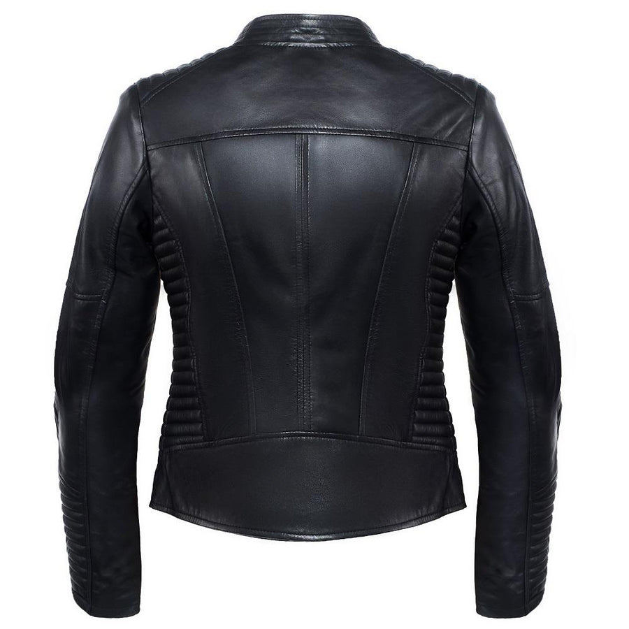 Corelli MG amy armored black women motorcycle leather jacket, genuine buffalo leather, YKK zippers, pockets, removable inner lining, removable protectors, back photo