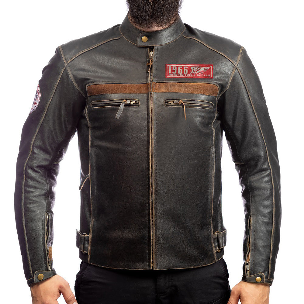 Corelli MG heritage brown retro motorcycle leather jacket, genuine buffalo leather, removable CE protectors, removable inner lining, back photo