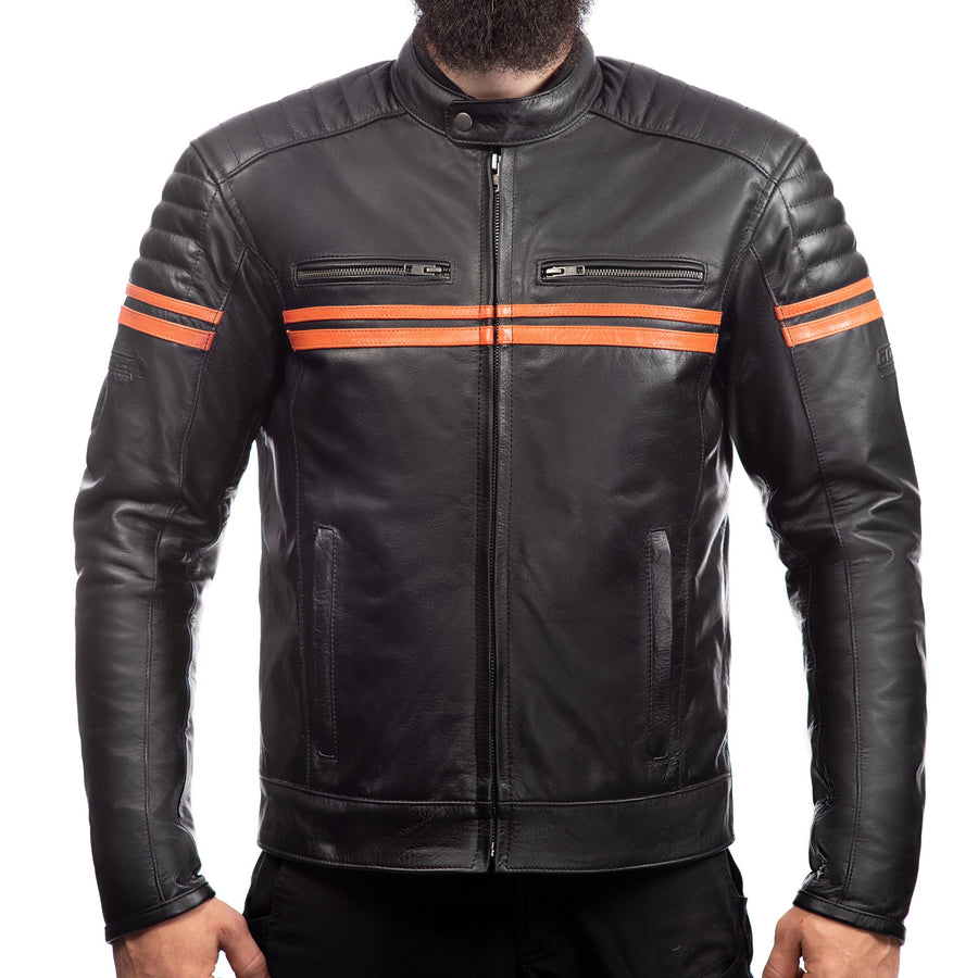 METROPOLIS BIKER LEATHER JACKET WITH ORANGE STRIPES front photo, ce protected, protectors, cowhide leather