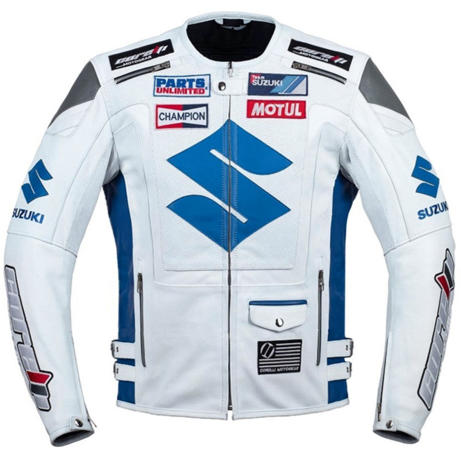 Suzuki White Motorcycle Racing Leather Jacket