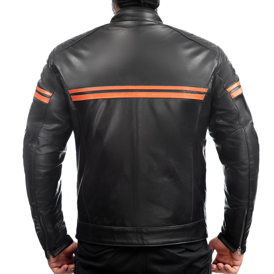 METROPOLIS BIKER LEATHER JACKET WITH ORANGE STRIPES, ce protected, protectors, cowhide leather, back photo