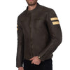 SOHO RETRO BROWN MOTORCYCLE LEATHER JACKET, ce protectors, protected, cowhide leather, biker jacket, inner lining, pockets, side photo