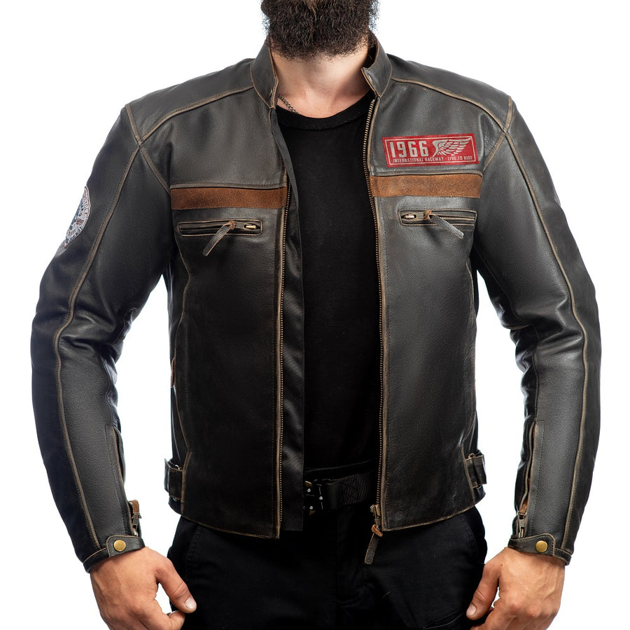 Corelli MG heritage brown retro motorcycle leather jacket, genuine buffalo leather, removable CE protectors, removable inner lining, front photo