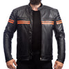METROPOLIS BIKER LEATHER JACKET WITH ORANGE STRIPES, ce protected, protectors, cowhide leather, opened photo