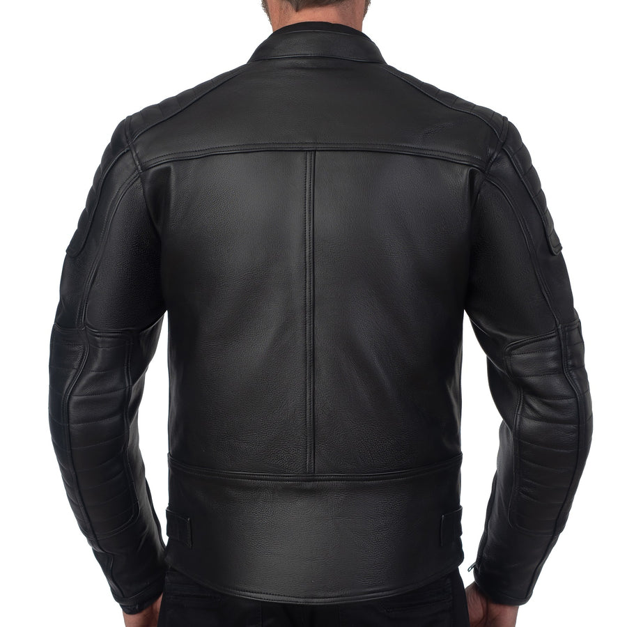 CHALLENGER BLACK MOTORCYCLE LEATHER JACKET, ce protectors, protected, cowhide leather, biker jacket, inner lining, pockets, back photo