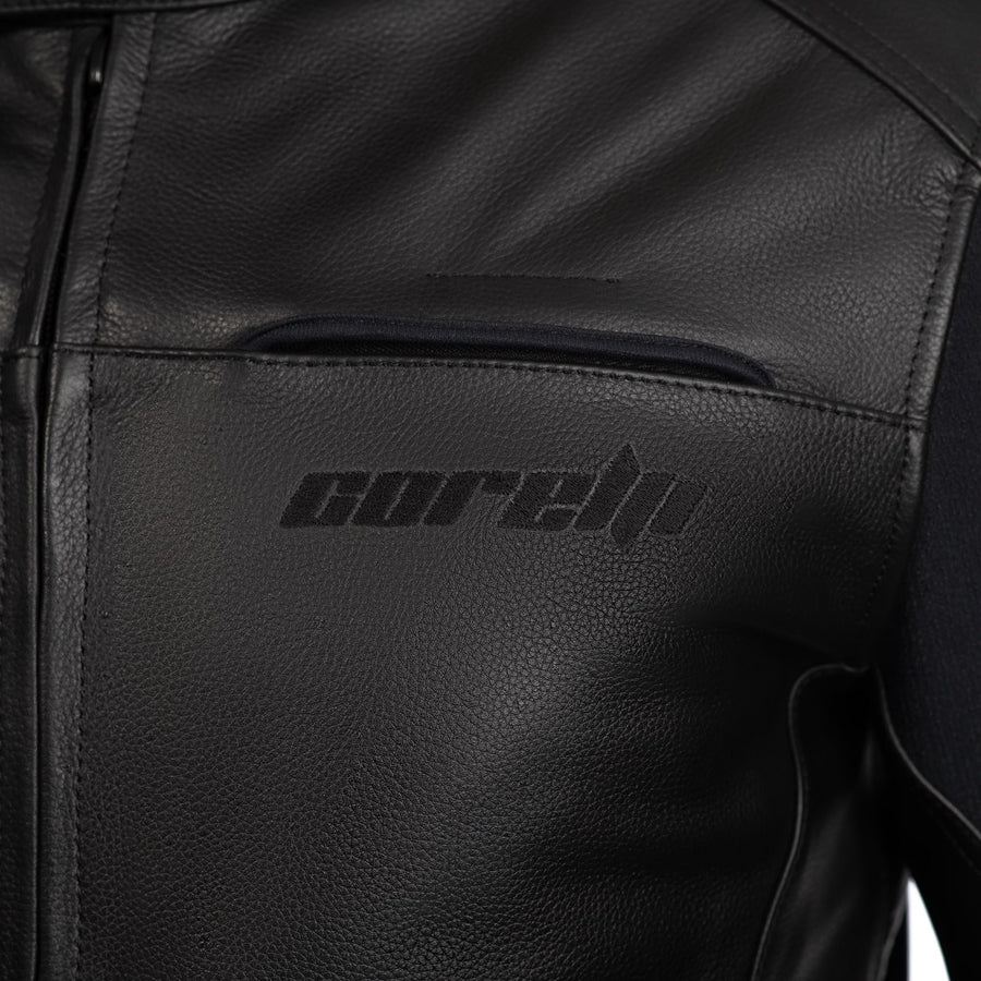Corelli MG Storm black motorcycle racing leather jacket, genuine cowhide leather, removable CE protectors, removable inner lining, pockets, YKK zippers