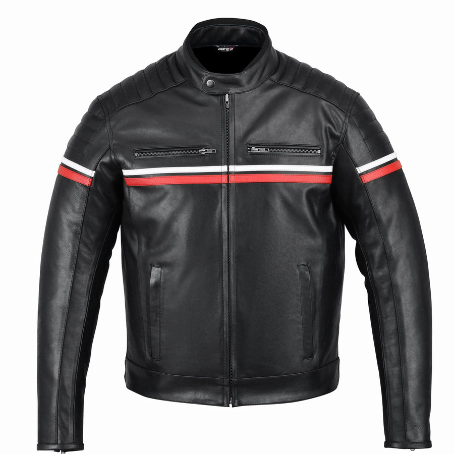 Corelli MG metropolis black motorcycle leather jacket, cowhide leather, red, white, YKK zippers, removable CE protectors, removable inner lining, pockets, front photo