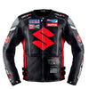 Suzuki black and red motorcycle racing leather jacket (without a hump) (collectible), removable CE protectors, removable inner lining, genuine cowhide leather, YKK zippers, pockets, front photo