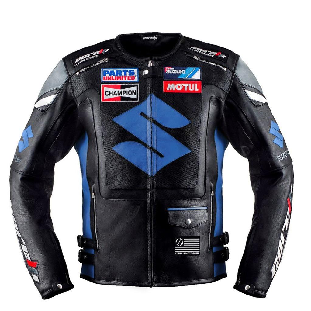 Suzuki black and blue motorcycle racing leather jacket (without a hump) (collectible), removable CE protectors, removable inner lining, genuine cowhide leather, YKK zippers, pockets, front photo