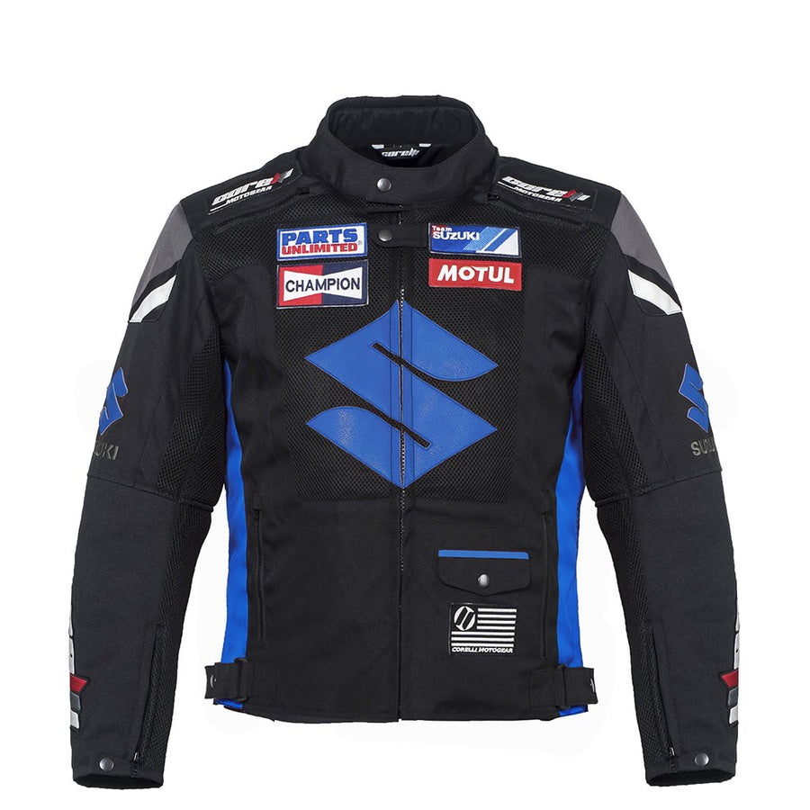 Suzuki black and blue motorcycle racing textile jacket (without a hump) (collectible), removable CE protectors, removable inner lining, mesh, cordura, YKK zippers, pockets, front photo