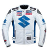 Suzuki white and blue motorcycle racing leather jacket (without a hump) (collectible), removable CE protectors, removable inner lining, genuine cowhide leather, YKK zippers, pockets, front photo