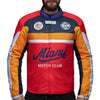 Corelli MG Miami racing team motorcycle textile protected jacket, removable CE protectors, mesh, cordura, removable inner lining, blue, red, orange, YKK zippers, pockets, front photo