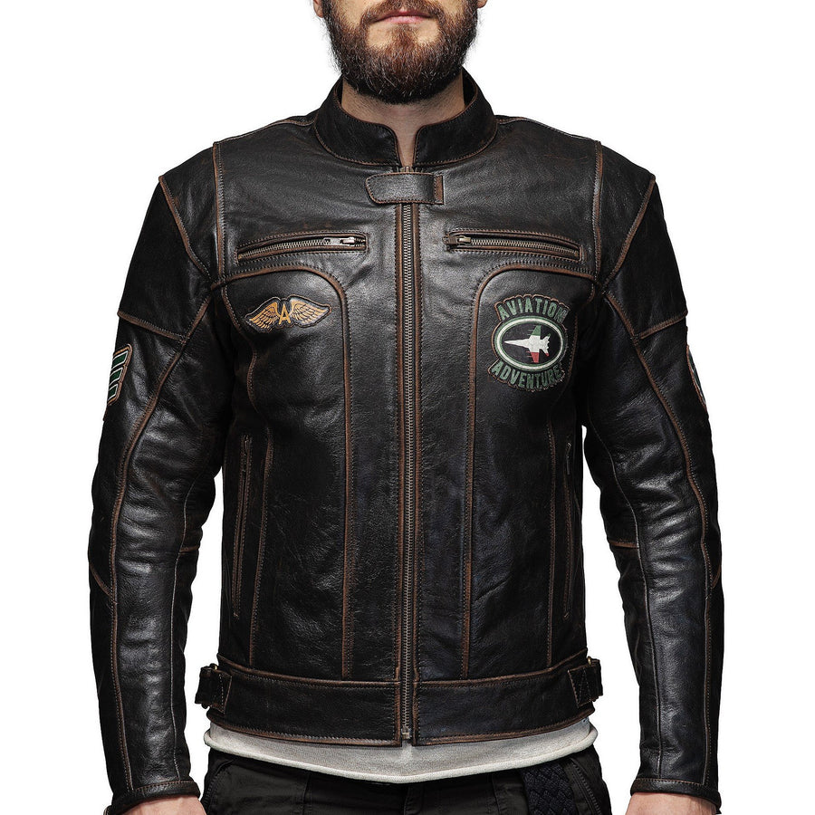 Corelli MG Vivi il momento brown motorcycle racing retro washed off leather jacket, genuine cowhide leather, removable CE protectors, removable inner lining, pockets, YKK zippers, front photo