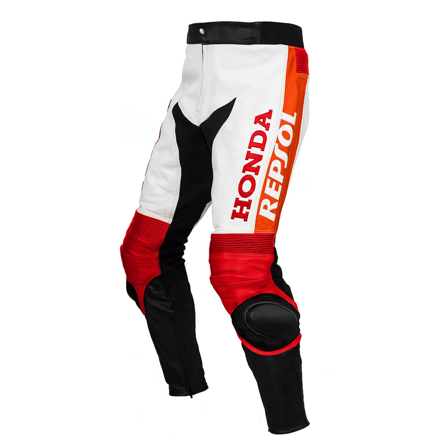 Honda Repsol orange, red, white, black motorcycle racing leather pants (without a hump) (collectible), removable CE protectors, genuine cowhide leather, YKK zippers, pockets, front photo