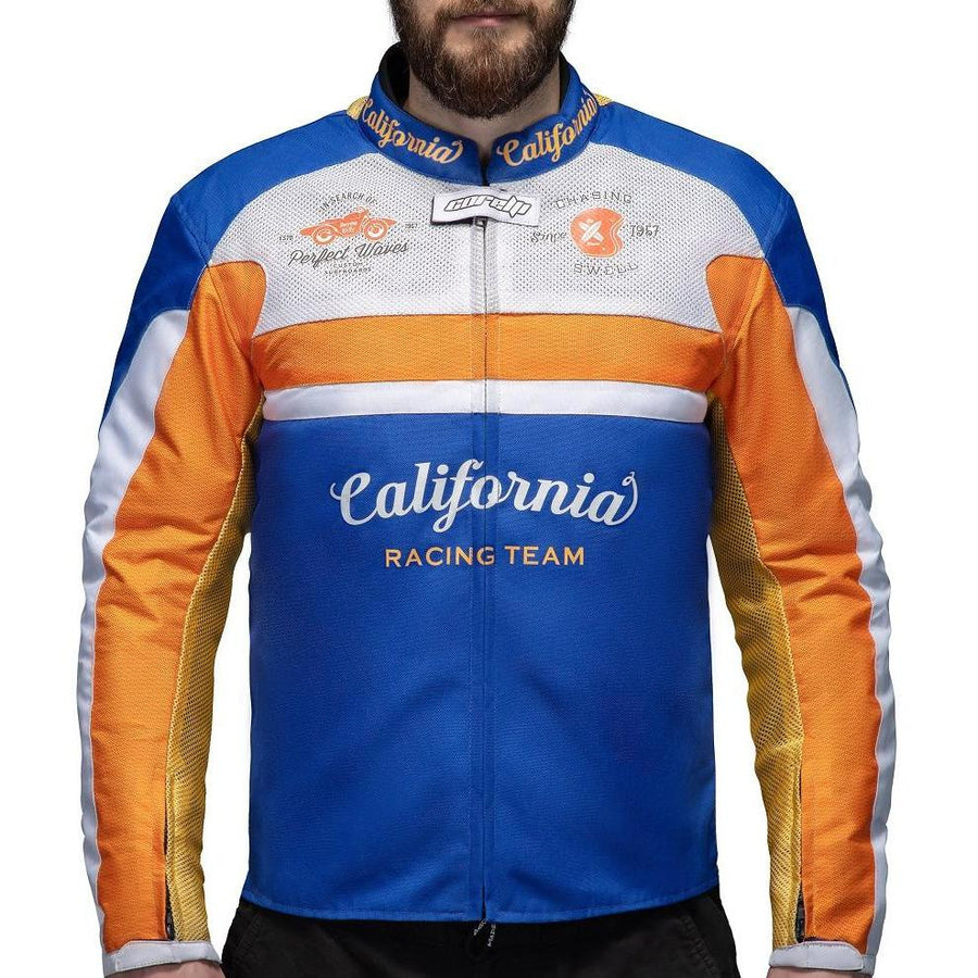 Corelli MG California racing team motorcycle textile protected jacket, removable CE protectors, mesh, cordura, removable inner lining, blue, white, orange, YKK zippers, pockets, front photo