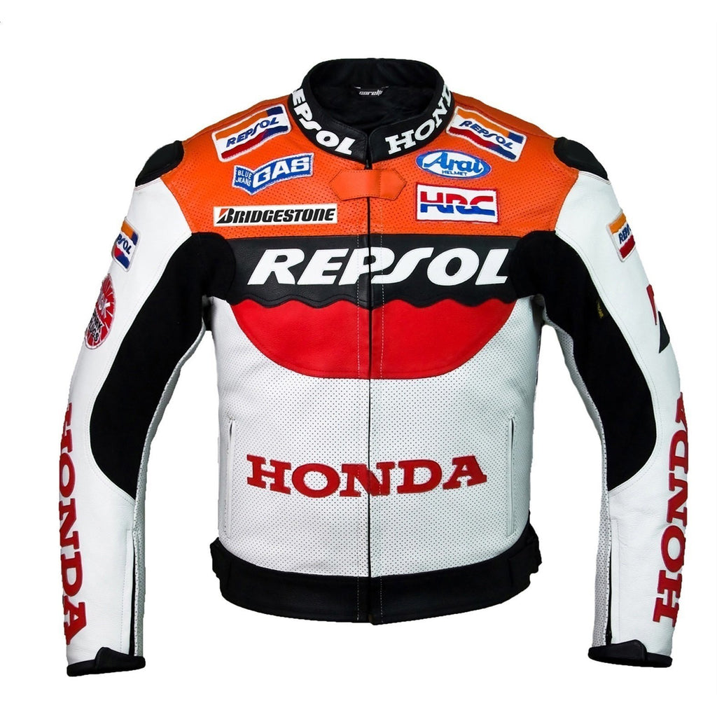 Honda Repsol orange, red, white, black motorcycle racing leather jacket (without a hump) (COLLECTIBLE), removable CE protectors, removable inner lining, genuine cowhide leather, YKK zippers, pockets, front photo