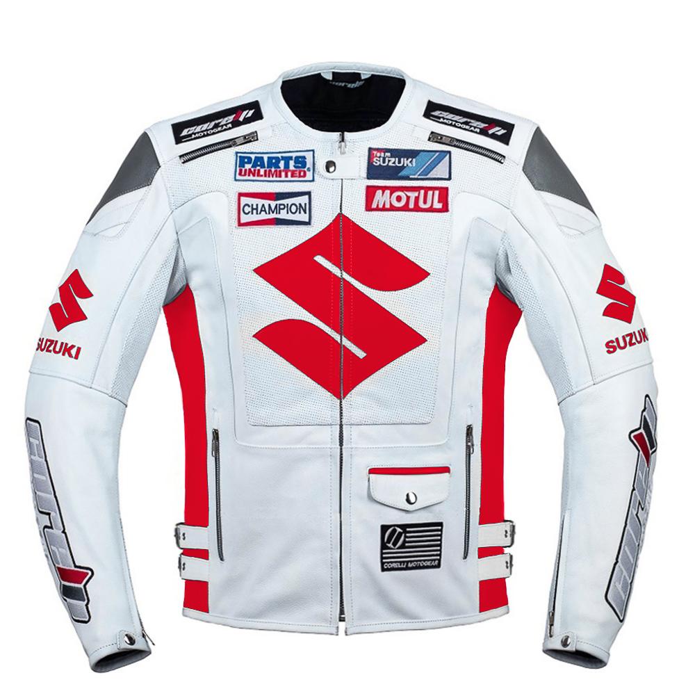 SUZUKI white and RED MOTORCYCLE RACING LEATHER JACKET, cowhide leather, genuine leather, removable CE protectors, removable inner lining, front photo
