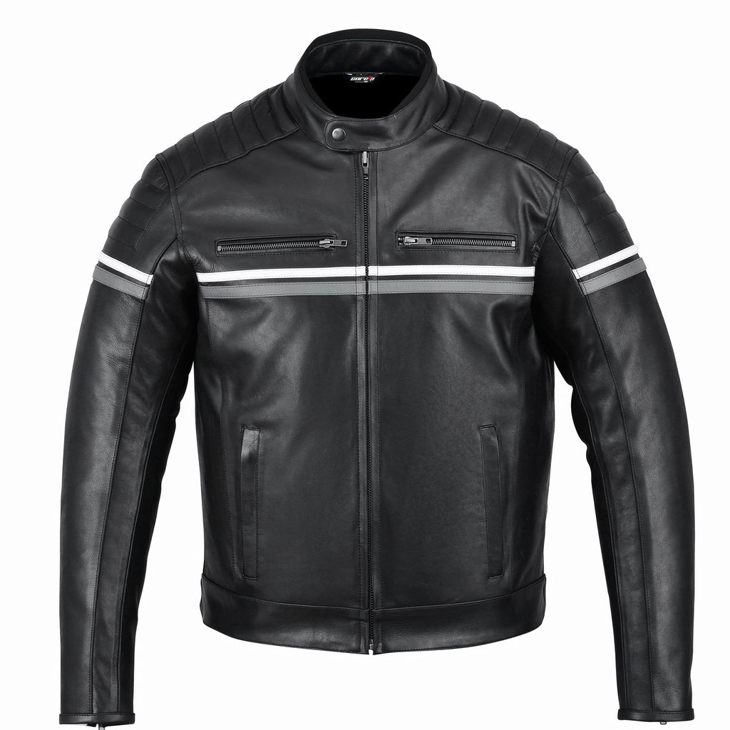 Metropolis Grey Black Motorcycle Leather Jacket, genuine cowhide leather, YKK zippers, removable CE protectors, removable inner lining, front photo