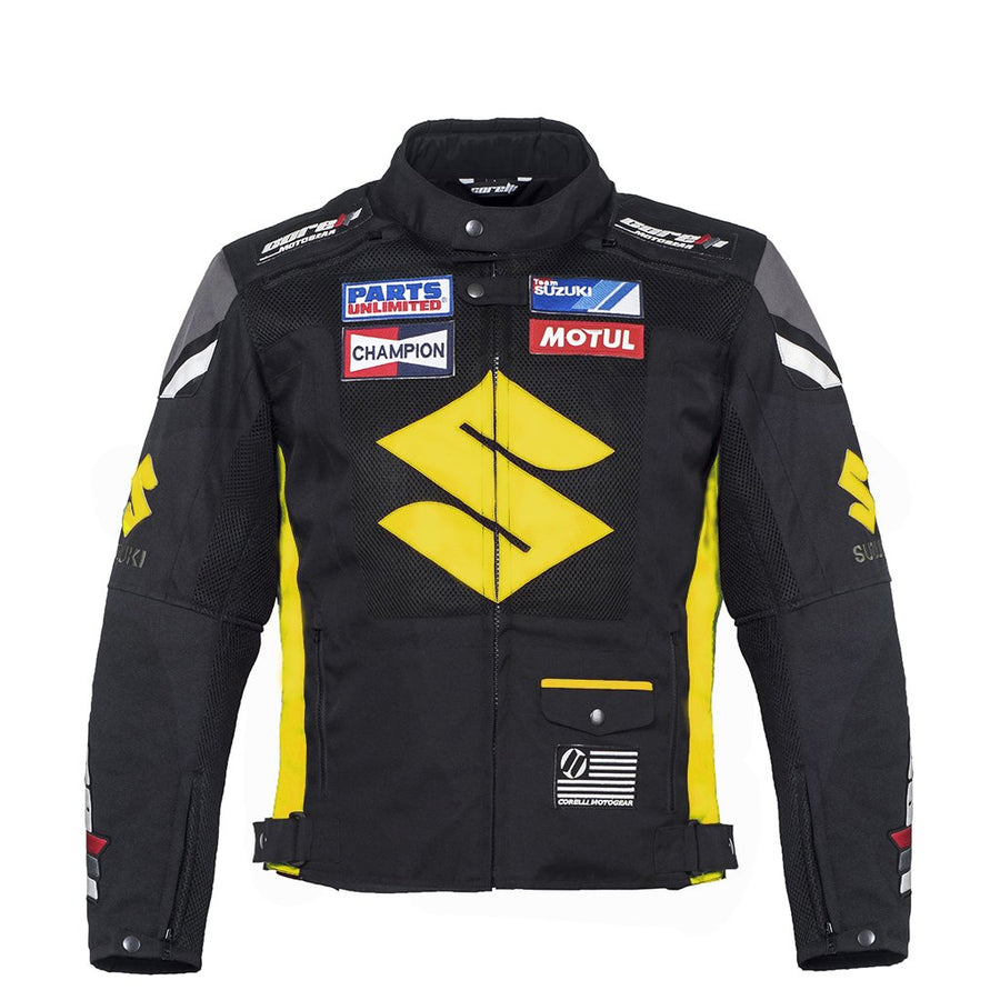 Suzuki black and yellow motorcycle racing textile jacket (without a hump) (collectible), removable CE protectors, removable inner lining, mesh, cordura, YKK zippers, pockets, front photo
