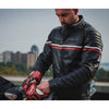 Corelli MG metropolis black motorcycle leather jacket, cowhide leather, red, white, YKK zippers, removable CE protectors, removable inner lining, pockets, model photo