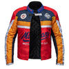 Corelli MG Miami racing team motorcycle textile protected jacket, removable CE protectors, mesh, cordura, removable inner lining, blue, red, orange, YKK zippers, pockets, open photo