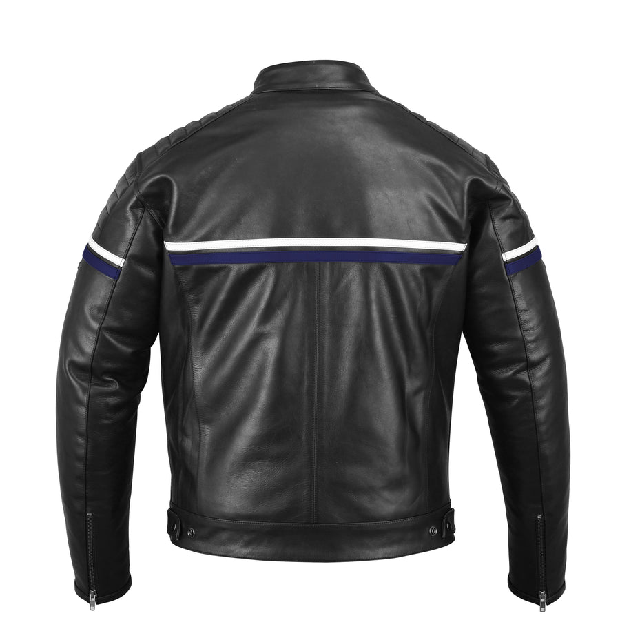 Metropolis Blue Black Motorcycle Leather Jacket, genuine cowhide leather, YKK zippers, removable CE protectors, removable inner lining, back photo