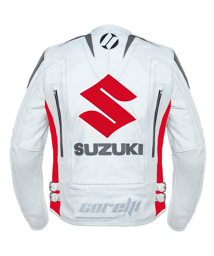 SUZUKI white and RED MOTORCYCLE RACING LEATHER JACKET, cowhide leather, genuine leather, removable CE protectors, removable inner lining, back photo
