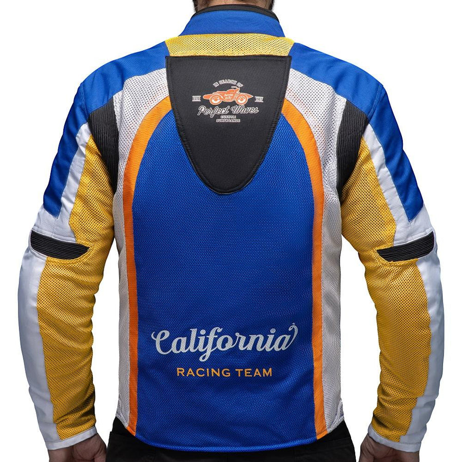 Corelli MG California racing team motorcycle textile protected jacket, removable CE protectors, mesh, cordura, removable inner lining, blue, white, orange, YKK zippers, pockets, back photo