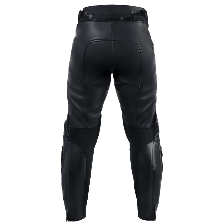 Corelli MG Storm black motorcycle racing leather pants, removable CE protectors, removable inner lining, genuine cowhide leather, YKK zippers, pockets, back photo