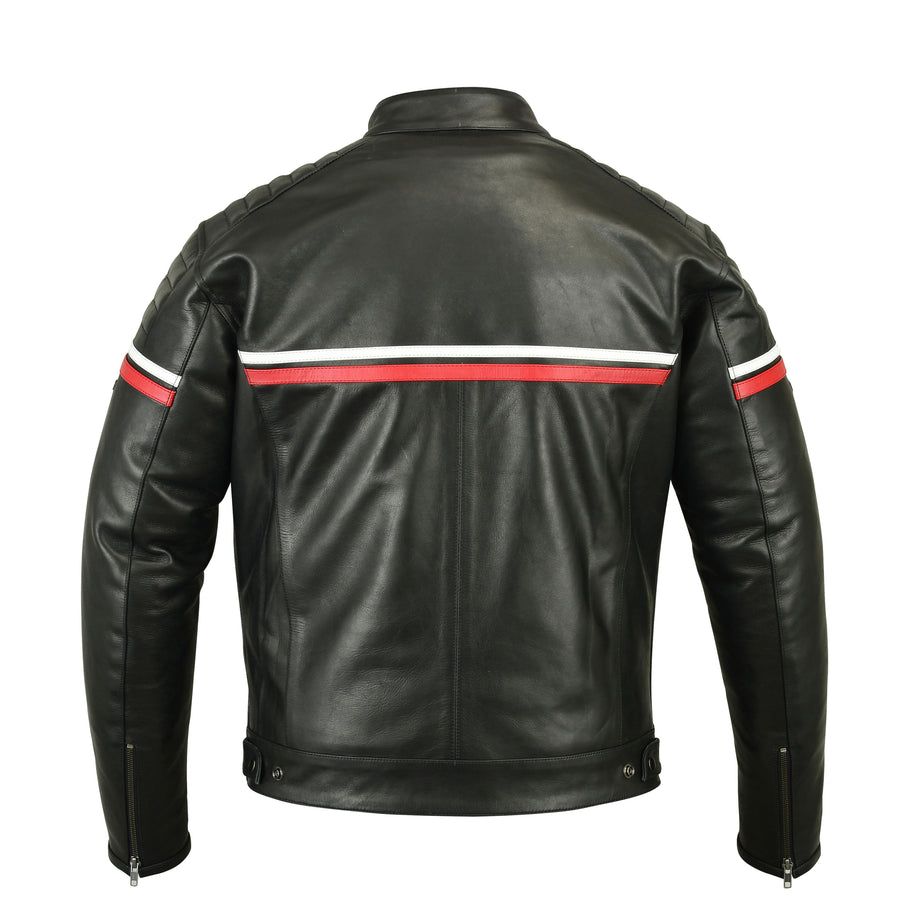 Corelli MG metropolis black motorcycle leather jacket, cowhide leather, red, white, YKK zippers, removable CE protectors, removable inner lining, pockets, back photo