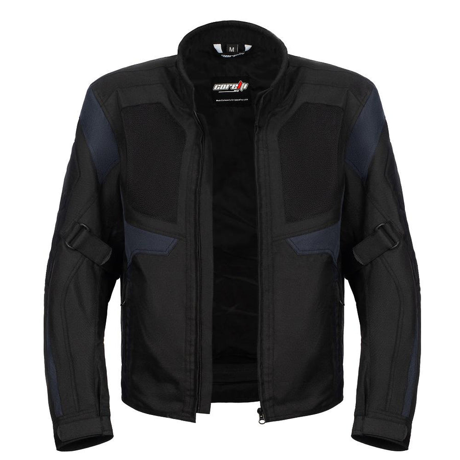 Corelli MG Rocket blue black motorcycle textile jacket, mesh, cordura racing, YKK zippers, removable CE protectors, removable inner lining, pockets, open photo
