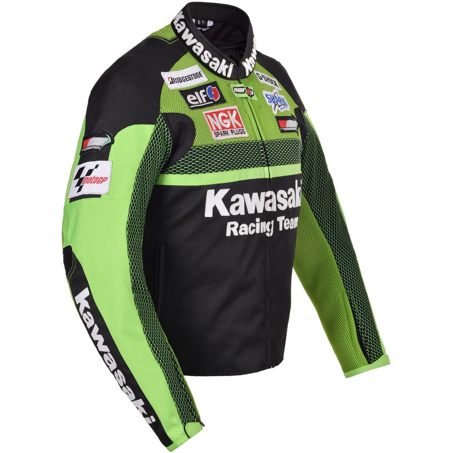 Kawasaki green motorcycle racing team textile jacket (COLLECTIBLE), removable CE protectors, removable inner lining, genuine cowhide leather, YKK zippers, pockets, side photo