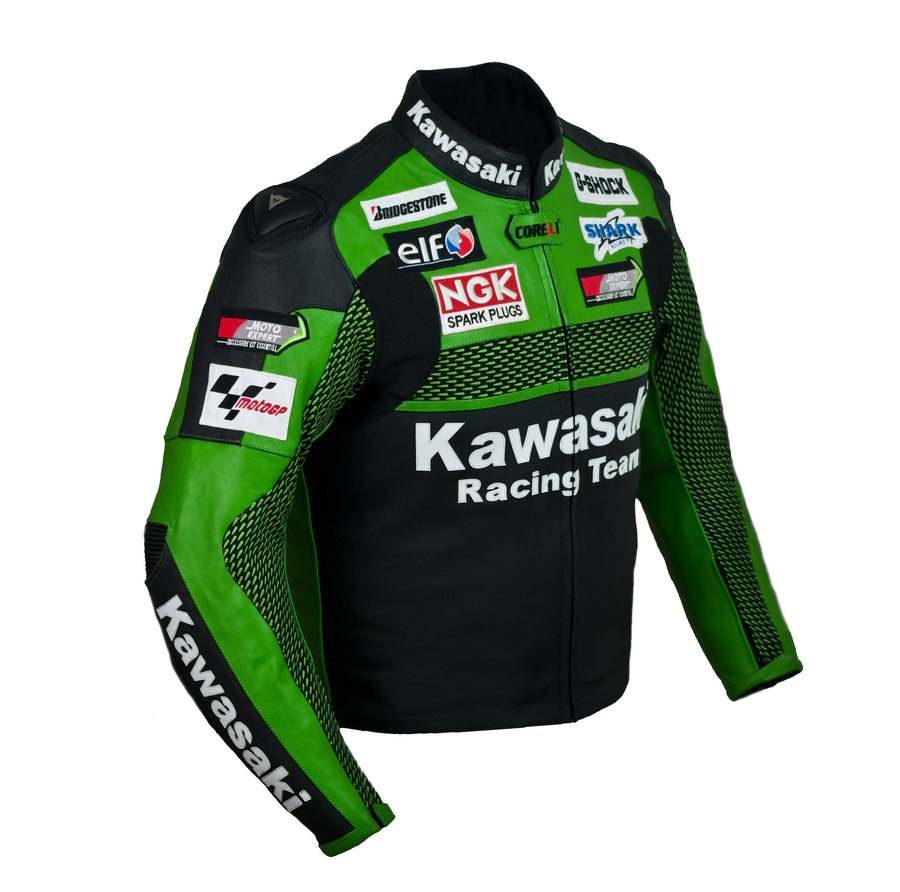 Kawasaki green MOTORCYCLE RACING TEAM LEATHER JACKET (with a HUMP) (COLLECTIBLE), removable CE protectors, removable inner lining, genuine cowhide leather, YKK zippers, pockets, side photo