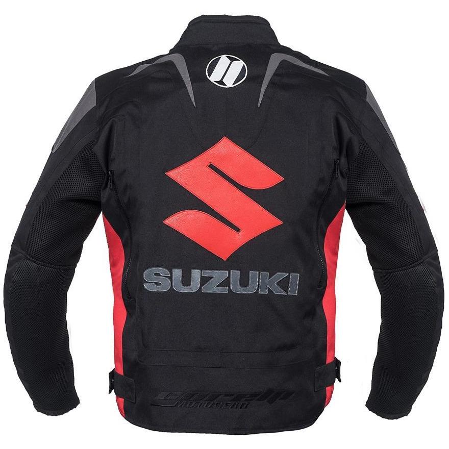 Suzuki black and red motorcycle racing textile jacket (without a hump) (collectible), removable CE protectors, removable inner lining, mesh, cordura, YKK zippers, pockets, back photo