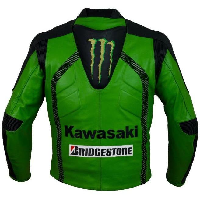 Kawasaki green MOTORCYCLE RACING TEAM LEATHER JACKET (with a HUMP) (COLLECTIBLE), removable CE protectors, removable inner lining, genuine cowhide leather, YKK zippers, pockets, back photo