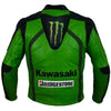 Kawasaki green MOTORCYCLE RACING TEAM LEATHER JACKET (with a HUMP) (COLLECTIBLE), removable CE protectors, removable inner lining, genuine cowhide leather, YKK zippers, pockets, back photo