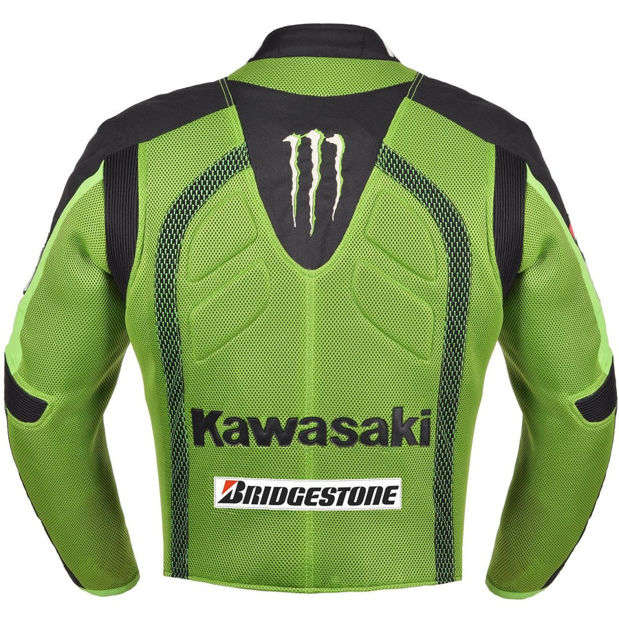 Kawasaki green motorcycle racing team textile jacket (COLLECTIBLE), removable CE protectors, removable inner lining, genuine cowhide leather, YKK zippers, pockets, back photo