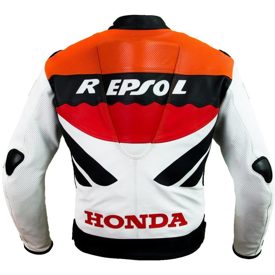 Honda Repsol orange, red, white, black motorcycle racing leather jacket (with a hump) (collectible), removable CE protectors, removable inner lining, genuine cowhide leather, YKK zippers, pockets, back photo