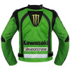 Kawasaki green MOTORCYCLE RACING TEAM LEATHER JACKET (NO HUMP) (COLLECTIBLE), removable CE protectors, removable inner lining, genuine cowhide leather, YKK zippers, pockets, back photo