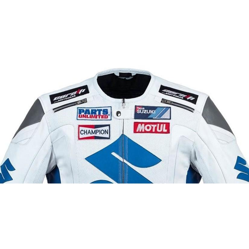 Suzuki white and blue motorcycle racing leather jacket (without a hump) (collectible), removable CE protectors, removable inner lining, genuine cowhide leather, YKK zippers, pockets, close-up photo