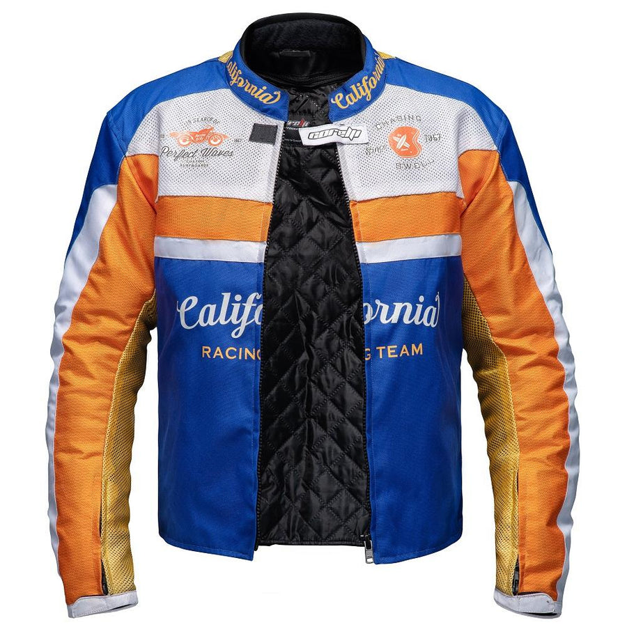 Corelli MG California racing team motorcycle textile protected jacket, removable CE protectors, mesh, cordura, removable inner lining, blue, white, orange, YKK zippers, pockets, open photo