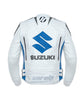 Suzuki white and blue motorcycle racing leather jacket (without a hump) (collectible), removable CE protectors, removable inner lining, genuine cowhide leather, YKK zippers, pockets, back photo