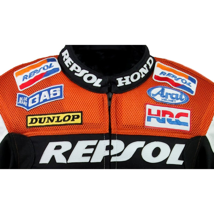 Honda Repsol racing textile jacket (collectible), orange, white, black, removable CE protectors, removable inner lining, genuine cowhide leather, YKK zippers, pockets, close-up photo
